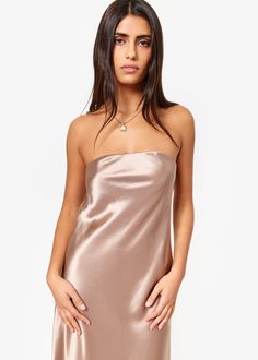 Slip style strapless dress Ankle length Inner hidden elastic neckline Unlined Style Strapless Dress, Strapless Satin Dress, Dress Ankle Length, Dress Champagne, Leopard Print Shoes, Cami Nyc, Strapless Neckline, Camisole Dress, Satin Dress