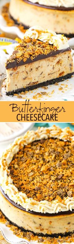 two pictures showing different types of cheesecakes with the words butterfingering cheesecake on top