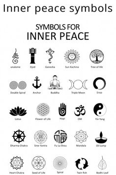 the symbols for inner peace symbols are shown in black and white, as well as an image