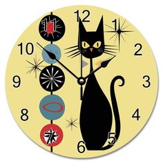 a clock with a black cat on it's face and numbers in the background