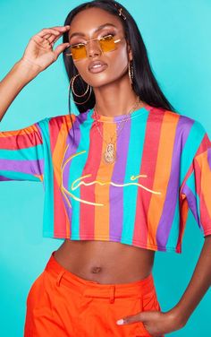 KARL KANI Multi Stripe Crop T Shirt Karl Kani 90s, Afro Punk Outfits, Queer Style, 90s Hip Hop Fashion, Orange Outfit, Karl Kani, Best Photo Poses, Crop T Shirt, Fashion Icons