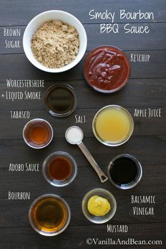 the ingredients for smokey bourbon bbq sauce laid out in bowls on a table