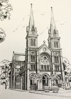 a drawing of a church with two towers