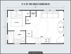 the tiny house floor plan is shown in black and white, with measurements for each room