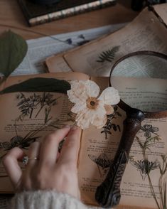 a person holding a magnifying glass next to an open book with flowers on it