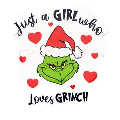 the grin face is wearing a santa hat with hearts around it and says, just a girl who loves grin