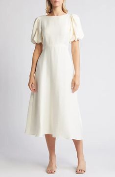 Nobody's Child Zora Puff Sleeve Midi Dress | Nordstrom White Puff Sleeve Dress, Rehearsal Dinner Dress, Puff Sleeve Midi Dress, Rehearsal Dinner Dresses, Ceremony Dresses, Civil Ceremony, White Midi, Dress With Sleeves, Dinner Dress