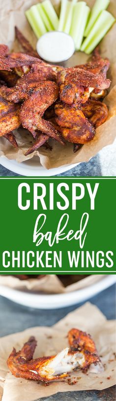 crispy baked chicken wings on a plate with celery and ranch dressing in the background