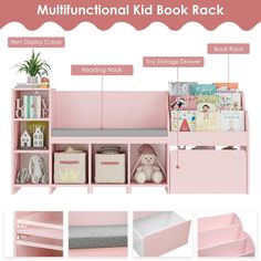 a pink book rack with books and toys