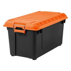 an orange and black plastic storage box