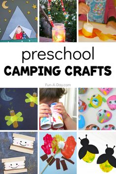 the words preschool camping crafts are shown with pictures of children and their crafting supplies