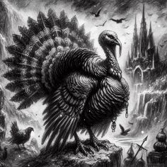 a black and white drawing of a turkey in front of a castle with crows flying around