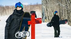 two people standing in the snow one holding a snowboard and the other carrying a snowboard