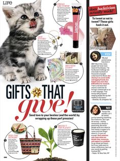 a magazine page with an image of a cat on it's cover and the words gifts that give