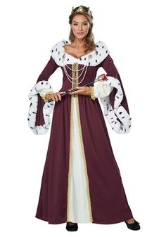 Royal Queen Costume for Women King And Queen Costume, Long Burgundy Dress, Coronation Party, Womens Halloween Costumes, Once Upon A Mattress, Men's Halloween Costumes, Burgundy Gown, Boys Halloween Costumes, Halloween Crafts Preschool