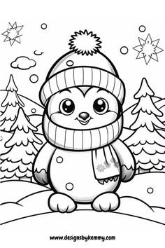 a cartoon penguin wearing a winter hat and scarf in the snow with trees behind it