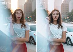 two pictures of a woman with her hands on her hair