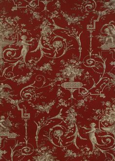 a red and gold vintage toile fabric Unique Prints Pattern, Red Cottagecore Aesthetic, Fabric Patterns Prints Textile Design, Fabrics Aesthetic, Gold Widgets, Hongjoong Balmain, Red And White Fashion, Mushroom Mural, Aesthetic Fabric