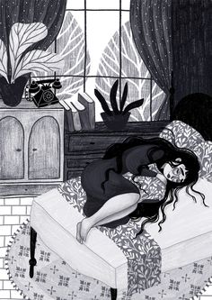 a black and white drawing of a woman laying on a bed