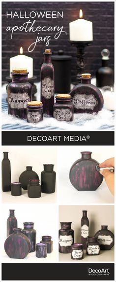 halloween apothecary jars with candles in them and the words decor media below