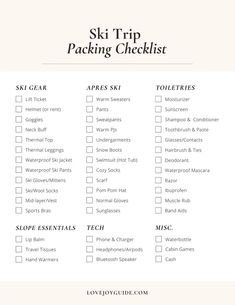 a printable ski trip packing checklist