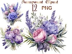 watercolor bouquet clipart 12 png - lavender, pink, and purple flowers