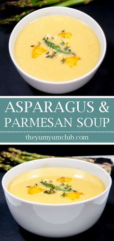 two bowls of asparagus and parmesan soup with the title above it