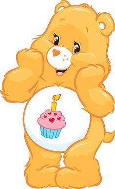 a brown teddy bear holding a cupcake with a candle on it