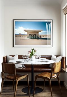 Modern art print of an abandoned gas station in the desert hanging in the breakfast nook of a modern home decorated in southwestern decor. Southwestern Eclectic, Desert Wall Decor, Abandoned Gas Station, Southwestern Interior, Vegas House, Texas Desert, Desert Landscape Art, Southwestern Wall Art, Western Wall Decor