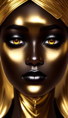 a woman's face with gold and black makeup