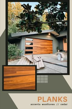 the front and back side of a house with wooden doors