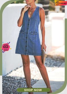 Denim Single-breasted Sleeveless Dress Spring V-neck Sleeveless Dress With Pockets, Spring Sleeveless Denim Blue Denim Vest, Dark Wash Button Closure Summer Dress, Dark Wash Sleeveless Summer Dress, Sleeveless Dark Wash Summer Dress, Trendy Sleeveless Dark Wash Dress, Dark Wash Buttoned Summer Dress, Casual Fitted Sleeveless Denim Dress, Trendy Medium Wash Sleeveless Mini Dress