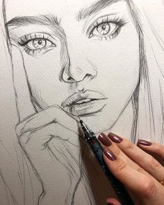 a drawing of a woman's face with her hand on her chin, holding a pen and looking at the camera