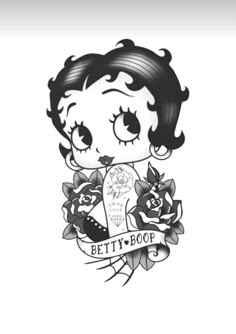 the betty boop tattoo is shown in black and white, with roses on it