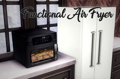 a white refrigerator freezer sitting next to a window with the words functional air fryer on it