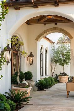 an outdoor patio with potted plants and hanging lights on the side of the building