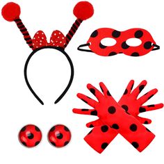 ladybug mask, gloves and headbands are shown with red polka dots