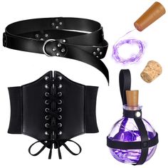 PRICES MAY VARY. Package Includes: you will get 1 piece retro renaissance rivets belt, 1 piece elastic costume waist belt, 1 piece magic cork potion bottle, and 1 piece wine bottle lights with cork; A nice combination to dress you up as a mysterious witch and make you highly regarded on Halloween party by almost everyone Size Information: the medieval belt is about 3.5 x 190 cm/ 1.38 x 74.8 inches, the elastic corset for women is about 32.5 x 19 cm/ 12.8 x 7.5 inches, the wine lights string is a Potion Bottle Belt Diy, Black Steampunk Corset Belt For Festival, Witch Potion Bottle Belt, Black Medieval Underbust Corset Belt, Steampunk Leather Corset Belt For Festivals, Pirate Corset, Medieval Witch, Witch Accessories, Medieval Belt