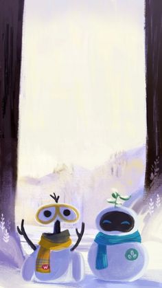 two cartoon characters are standing in front of a window with snow on the ground and trees behind them