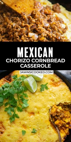 mexican chorizo cornbread casserole in a cast iron skillet