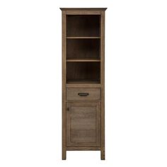 an open bookcase with drawers on the front and bottom shelves, in light brown wood