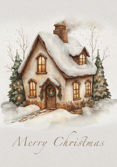 a watercolor painting of a house with snow on the roof and trees around it