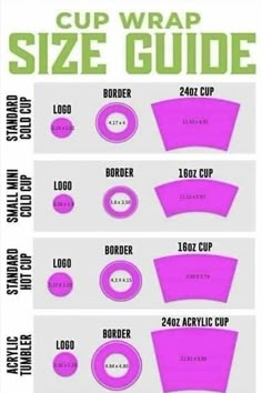 the size guide for cup wrappers is shown in pink and green, with instructions to make