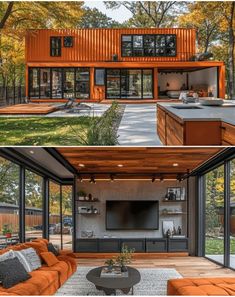 two pictures of a living room, kitchen and dining area with orange couches in the foreground