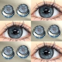 four pictures of the same person's eye with their contact lens up to them