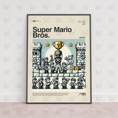 a poster with the title super mario bros on it in front of a white wall