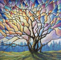 a painting of a tree in the middle of a field with colorful clouds above it