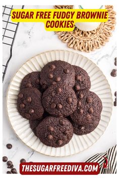 chocolate cookies on a plate with the words sugar free fudgey brownie cookies