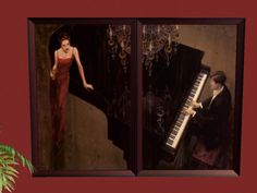 two paintings of a woman in red dress playing the piano with a man standing next to her