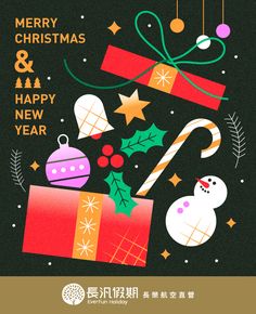 a merry christmas and happy new year greeting card with presents, gifts and snowmen